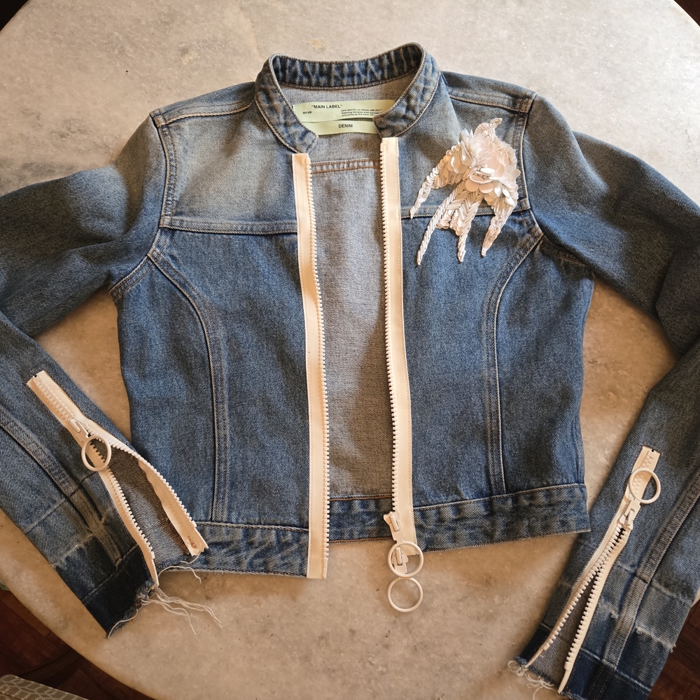 OFF-WHITE  C/o  VIRGIL ABLO H Denim Jacket with Beaded Bird! Amazng!